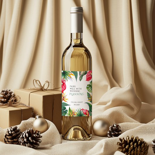 Tropische oases bloemen bruiloft wijn etiket