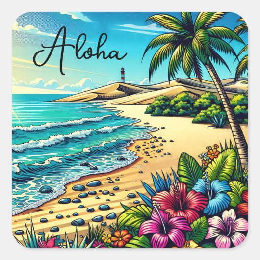 Tropische Oceaan Aloha Vakantie Vierkante Sticker (Voorkant)