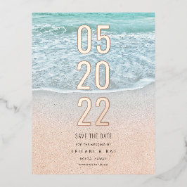 Tropische oceaan en zandstrand sparen de Datum Folie Uitnodiging Briefkaart