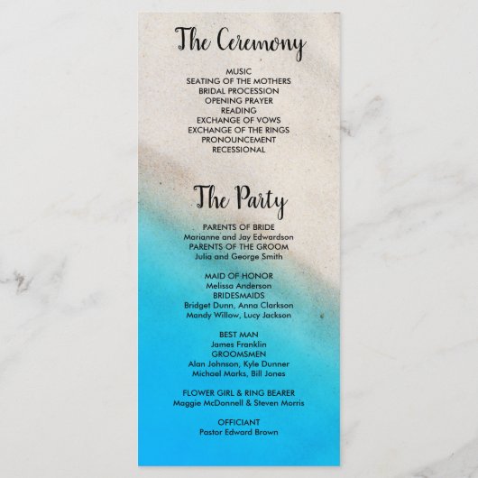 Tropische oceaan zandstrand zeesterren bruiloft programmakaart (Achterkant)