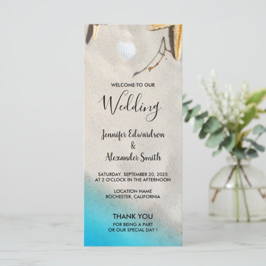 Tropische oceaan zandstrand zeesterren bruiloft programmakaart (Staand voorkant)