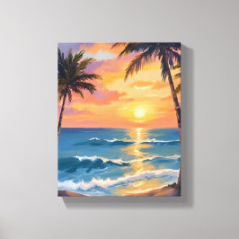 Tropische oceaan zonsondergang palmboom aquarel canvas afdruk