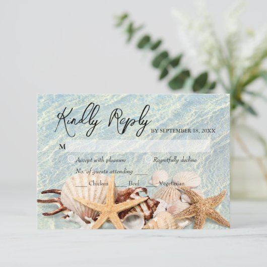 Tropische Ocean Beach Seashell RSVP-kaart RSVP Kaartje (Staand voorkant)