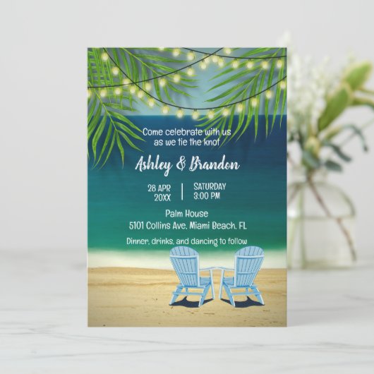 Tropische Ocean Beach Theme String Lights Wedding Kaart (Staand voorkant)