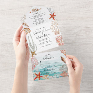 Tropische Ocean Seashell en Coral Beach Wedding All In One Uitnodiging