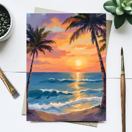 Tropische oceanzonsondergang palmboom aquarel briefkaart