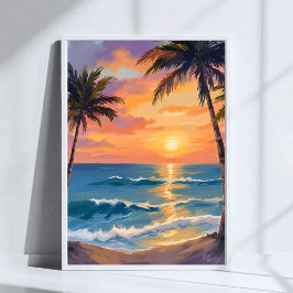 Tropische oceanzonsondergang Palmboom Aquarel Poster