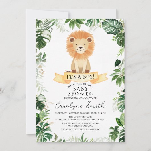 Tropische Oerwoud Leeuw Baby shower Invitation Kaart (Voorkant)