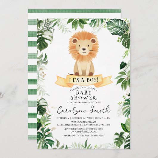 Tropische Oerwoud Leeuw Baby shower Invitation Kaart (Voorkant / Achterkant)