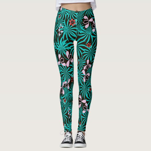 Tropische oerwoud palmbladeren orchidebloemen bloe leggings (Voorkant)