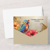 Tropische oerwoud papegaaien hibiscus eiland beige all in one uitnodiging (Achterkant)