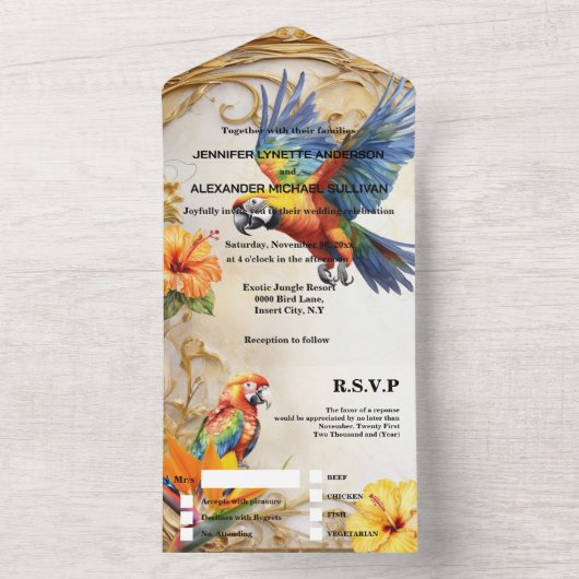 Tropische oerwoud papegaaien hibiscus eiland beige all in one uitnodiging (Binnen)