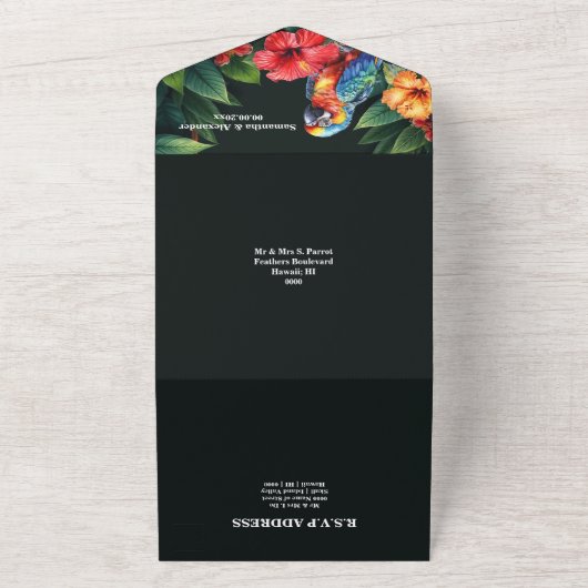 Tropische oerwoud papegaaien hibiscus eiland bruil all in one uitnodiging (Buitenkant)