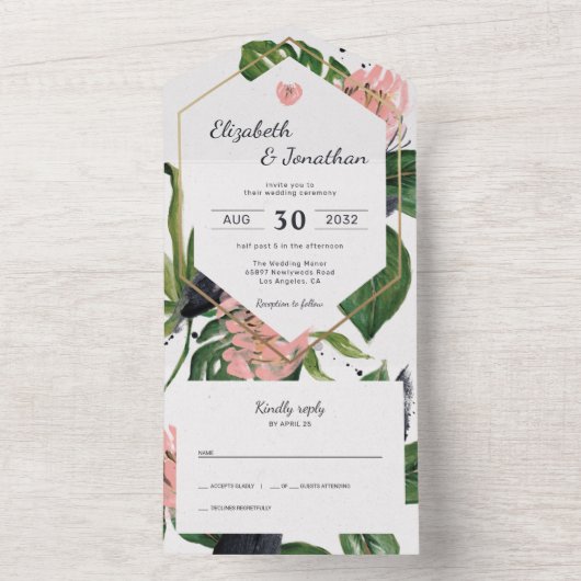 Tropische oerwouden bladeren & roze bloem modern all in one uitnodiging (Binnen)