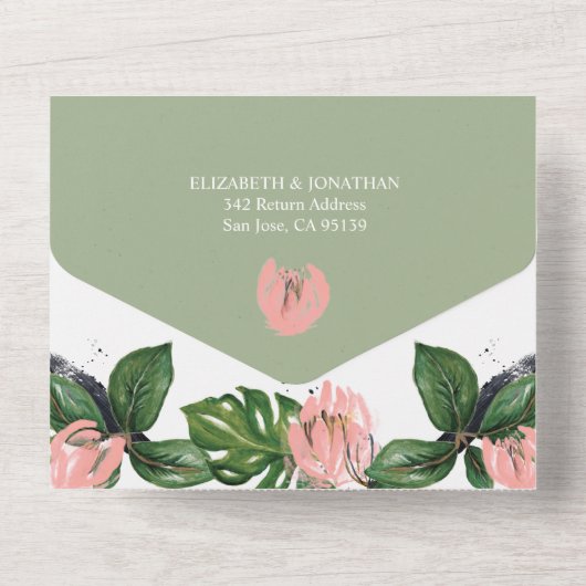 Tropische oerwouden bladeren & roze bloem modern all in one uitnodiging (Achterkant)