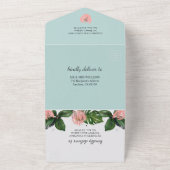 Tropische oerwouden bladeren & roze bloem modern all in one uitnodiging (Buitenkant)