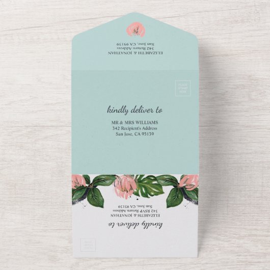 Tropische oerwouden bladeren & roze bloem modern all in one uitnodiging (Buitenkant)