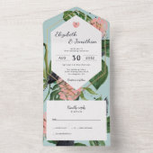 Tropische oerwouden bladeren & roze bloem modern all in one uitnodiging (Binnen)