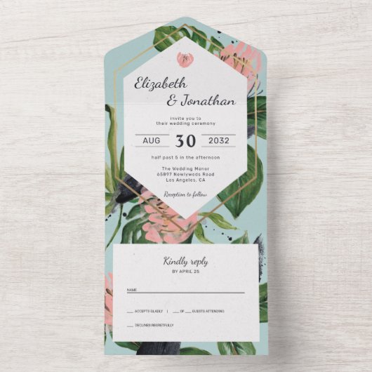 Tropische oerwouden bladeren & roze bloem modern all in one uitnodiging (Binnen)