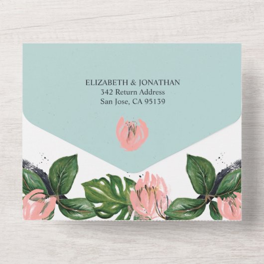 Tropische oerwouden bladeren & roze bloem modern all in one uitnodiging (Achterkant)