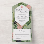 Tropische oerwouden bladeren & roze bloem modern all in one uitnodiging (Binnen)
