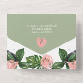 Tropische oerwouden bladeren & roze bloem modern all in one uitnodiging (Achterkant)