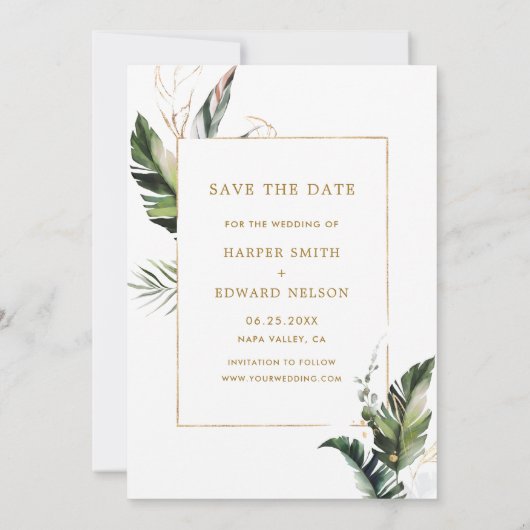 Tropische oliage Gold Wedding Foto Save the Date (Achterkant)