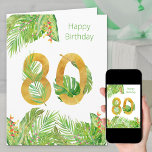 Tropische olievlek Groen en Gold Big 80th Birthday Kaart<br><div class="desc">Grote 80ste verjaardagskaart. Het ontwerp bevat een groot aantal 80 getextureerd goud, verweven met tropische bladeren. Aan de buitenkant is er ook een grens met palmbladeren, bananenbladeren, monstera-bladeren en kleurrijke tropische bloemen met de vermelding "gelukkige verjaardag". De binnenkant van de kaart is ook versierd met nummer 80 en de sjabloon...</div>