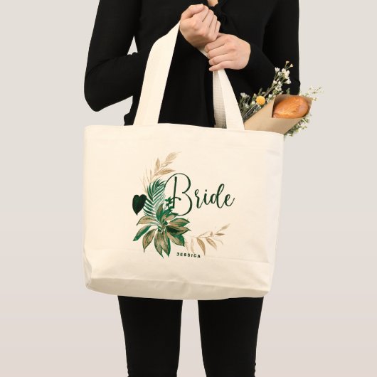 Tropische olievlek met groene goudbride grote tote bag (Voorkant (product))