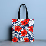 Tropische olievlek Red Floral Hibiscus Tote Bag<br><div class="desc">Dit ontwerp is voorzien van wit tropisch gebladerte op een marineblauwe achtergrond met felrode hibiscusbloemen. #tropical #floral #flowers #hibiscus #elegant #stylish #feminine #pattern #beach</div>