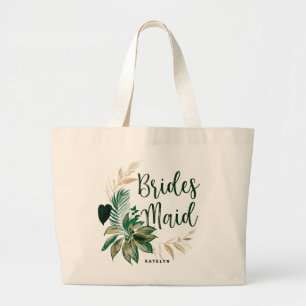 Tropische olievlek Wreath Greenery & Gold Bridesma Grote Tote Bag
