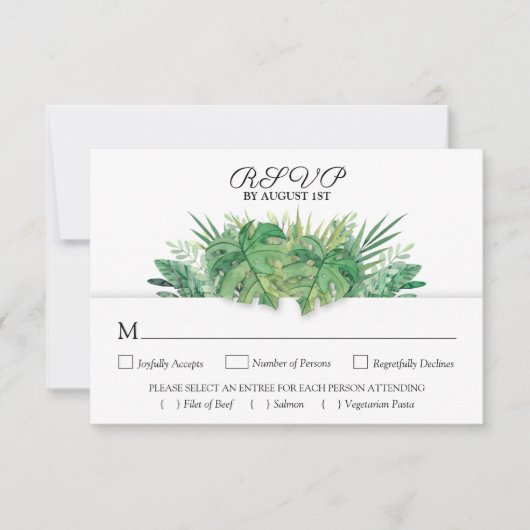 Tropische olievlekken botanische bruiloft RSVP kaartje (Voorkant)