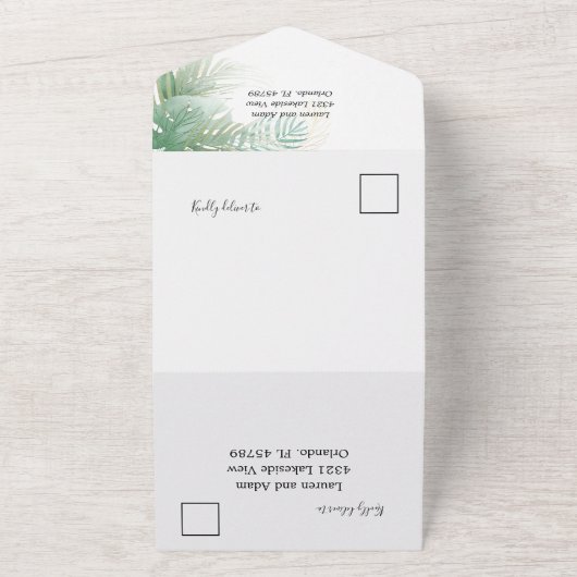 Tropische olievlekken groene Waterverf bruiloft All In One Uitnodiging (Buitenkant)