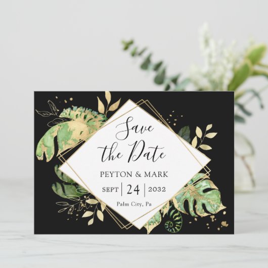 Tropische olievlekken zwart en goudlegant geometri save the date (Staand voorkant)