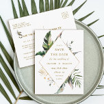 Tropische olievloeistocht bespaart de datum goud aankondigingskaart<br><div class="desc">Op deze bruiloft is de datum waarop het briefkaart is afgebeeld,  te vinden in waterverf groene tropische bladeren,  palmboombladeren,  bananenbladeren met een gouddiamantvormig lijst. Het is perfect voor een strand of een bestemming bruiloft. >> Bekijk het hele collectie >>> https://www.zazzle.com/collections/tropical_foliage_gold_collection-119316977990783186</div>