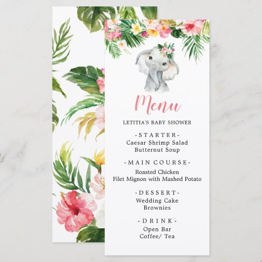 Tropische Olifant Meisje Baby shower Menu Teken (Voorkant / Achterkant)