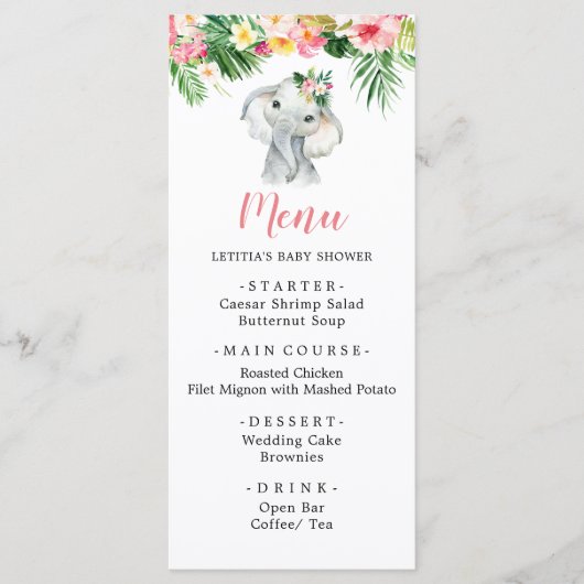 Tropische Olifant Meisje Baby shower Menu Teken (Voorkant)
