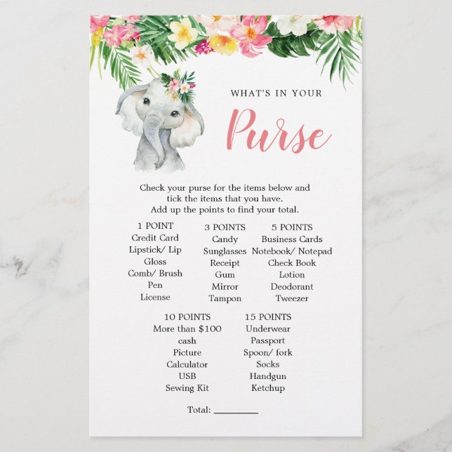 Tropische Olifant Meisje Baby shower Purse Game (Voorkant)