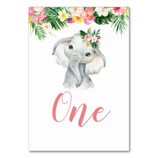 Tropische Olifant Meisje Baby shower Tafelnummer (Voorkant)