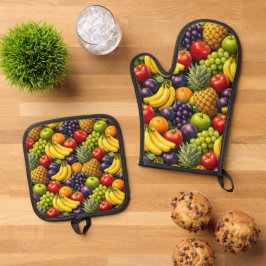 Tropische oogst, levendig fruitpatroon, oven mint ovenwant & pannenlap set