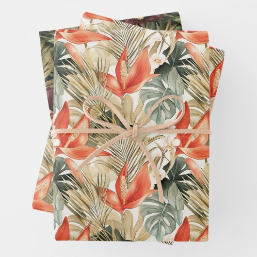 Tropische Oranje Anthurium Orchidee Bloemige Bruil Inpakpapier Vel (In situ)