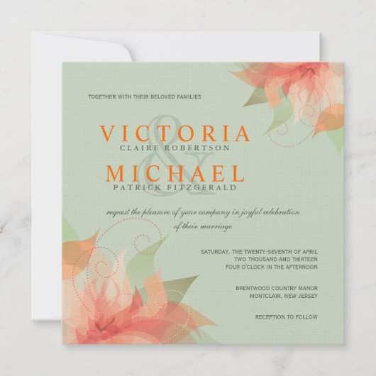 Tropische Oranje en Sage Linen Wedding Invitaties Kaart (Voorkant)
