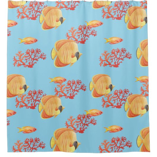 Tropische Oranje vis en koraal Douchegordijn (Voorkant)