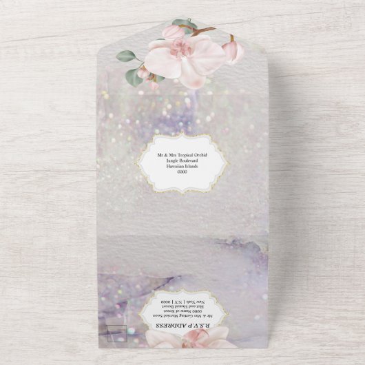 Tropische orchidee bloem parel shimmer elegantie all in one uitnodiging (Buitenkant)