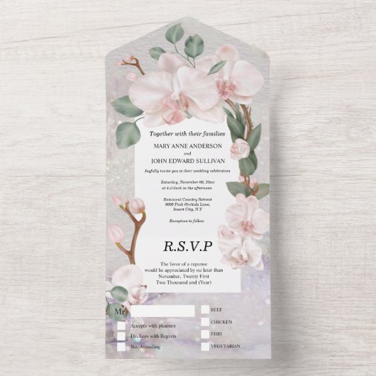 Tropische orchidee bloem parel shimmer elegantie all in one uitnodiging (Binnen)