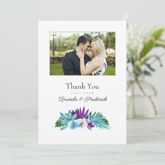 Tropische orchidee bruiloft foto bedankkaart (Staand voorkant)