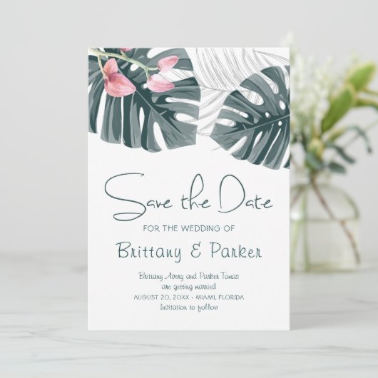 Tropische orchidee bruiloft foto save the date (Staand voorkant)