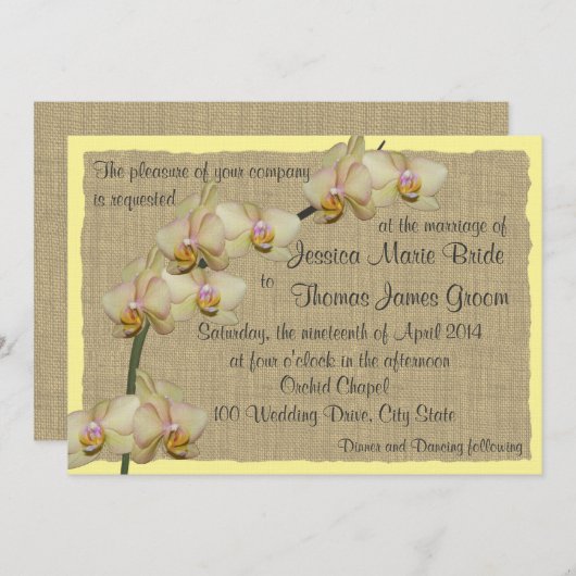 Tropische orchidee en burlap rustieke strand bruil kaart (Voorkant / Achterkant)