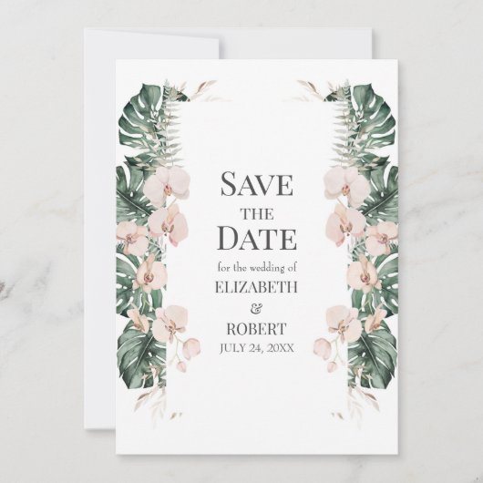 Tropische Orchidee en Monstera Save the Date Kaart (Voorkant)