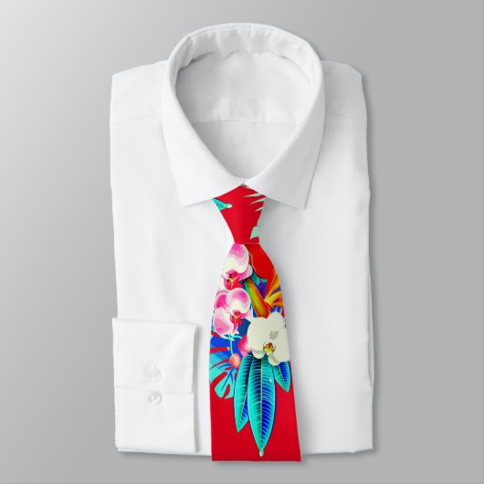 Tropische orchidee en palmbladeren Hawaiian floral Stropdas (Gebonden)